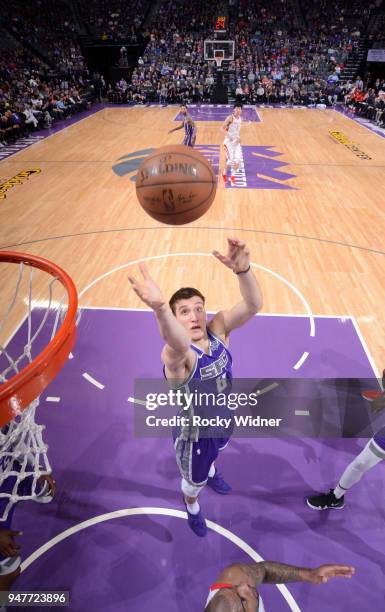 Bogdan Bogdanovic of the Sacramento Kings rebounds against the Houston Rockets on April 11, 2018 at Golden 1 Center in Sacramento, California. NOTE...