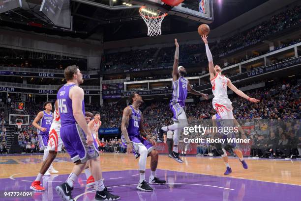 Hunter of the Houston Rockets shoots a layup against JaKarr Sampson of the Sacramento Kings on April 11, 2018 at Golden 1 Center in Sacramento,...