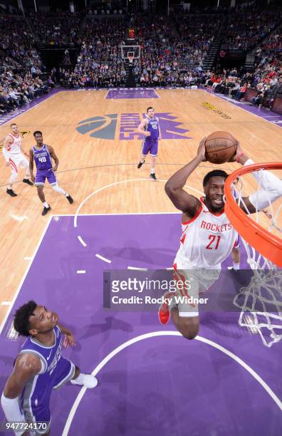 Chinanu Onuaku of the Houston Rockets dunks against the Sacramento Kings on April 11, 2018 at Golden 1 Center in Sacramento, California. NOTE TO...