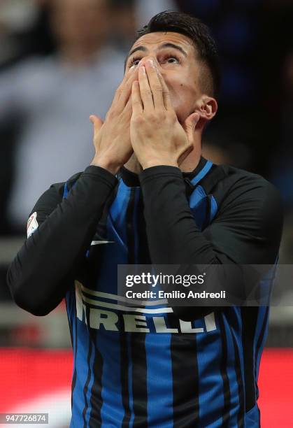 Joao Cancelo of FC Internazionale Milano celebrates after scoring the opening goal during the serie A match between FC Internazionale and Cagliari...