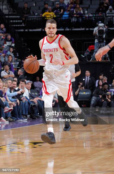 Hunter of the Houston Rockets brings the ball up the court against the Sacramento Kings on April 11, 2018 at Golden 1 Center in Sacramento,...