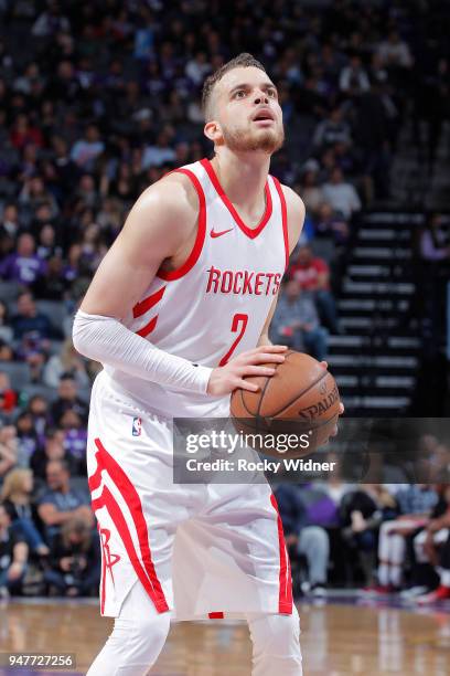 Hunter of the Houston Rockets attempts a free-throw shot against the Sacramento Kings on April 11, 2018 at Golden 1 Center in Sacramento, California....