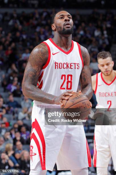 Tarik Black of the Houston Rockets attempts a free-throw shot against the Sacramento Kings on April 11, 2018 at Golden 1 Center in Sacramento,...