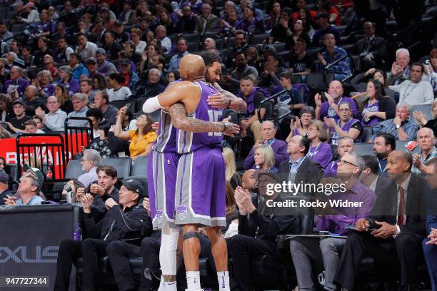 Willie Cauley-Stein and Vince Carter of the Sacramento Kings hug during the game against the Houston Rockets on April 11, 2018 at Golden 1 Center in...