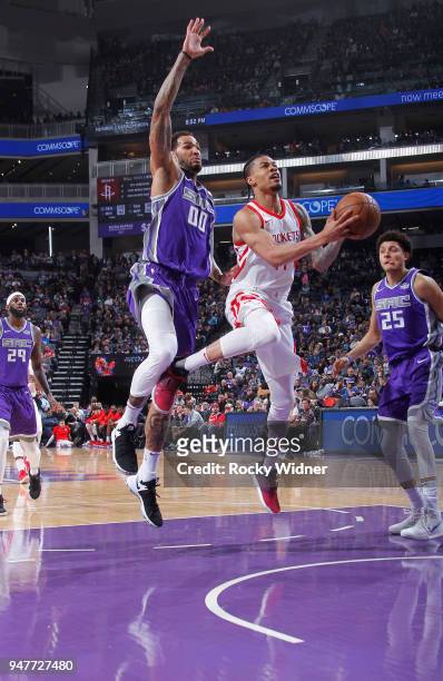 Gerald Green of the Houston Rockets goes up for the shot against Willie Cauley-Stein of the Sacramento Kings on April 11, 2018 at Golden 1 Center in...