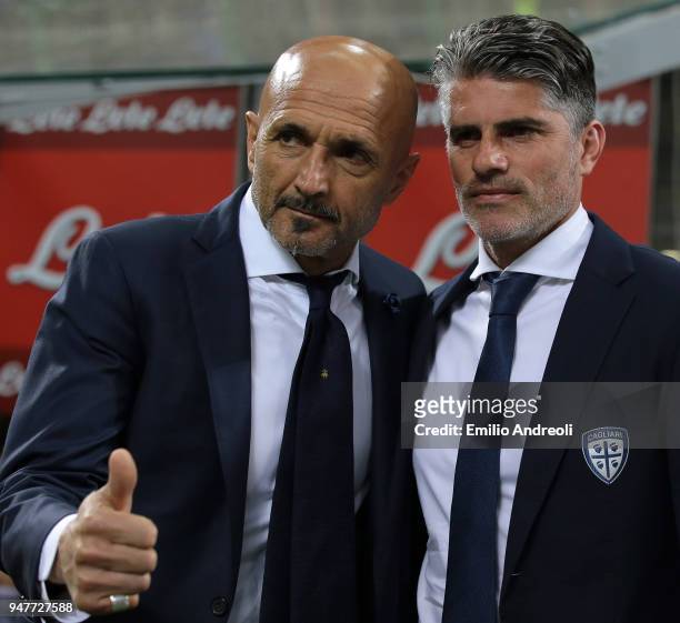 Internazionale Milano coach Luciano Spalletti greets Cagliari Calcio coach Diego Lopez prior to the serie A match between FC Internazionale and...
