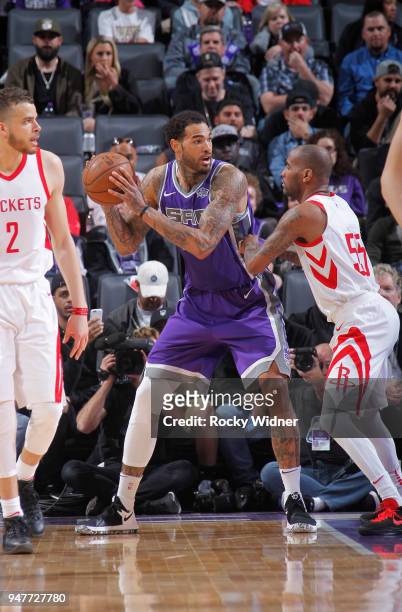 Willie Cauley-Stein of the Sacramento Kings handles the ball against Aaron Jackson of the Houston Rockets on April 11, 2018 at Golden 1 Center in...
