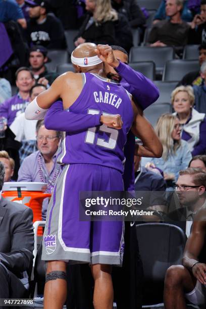 Vince Carter and Garrett Temple of the Sacramento Kings hug during the game against the Houston Rockets on April 11, 2018 at Golden 1 Center in...