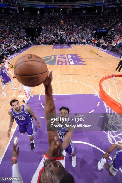 Chinanu Onuaku of the Houston Rockets goes up with the ball against the Sacramento Kings on April 11, 2018 at Golden 1 Center in Sacramento,...