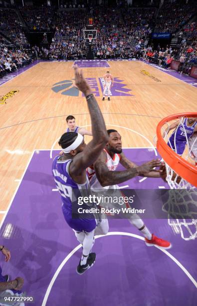 Tarik Black of the Houston Rockets goes up for the shot against JaKarr Sampson of the Sacramento Kings on April 11, 2018 at Golden 1 Center in...