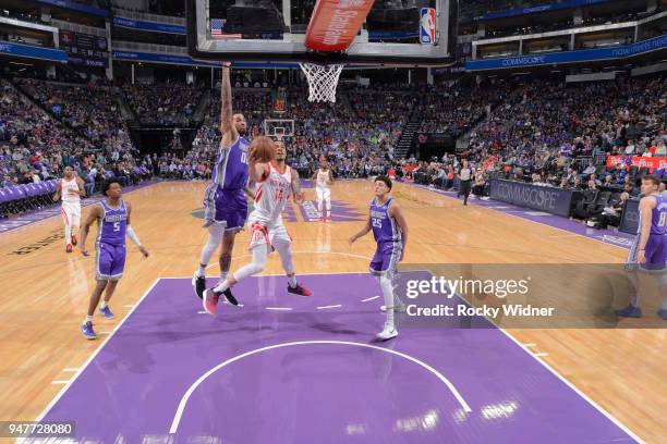 Gerald Green of the Houston Rockets goes up for the shot against Willie Cauley-Stein of the Sacramento Kings on April 11, 2018 at Golden 1 Center in...