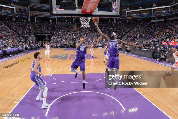 JaKarr Sampson of the Sacramento Kings rebounds against the Houston Rockets on April 11, 2018 at Golden 1 Center in Sacramento, California. NOTE TO...