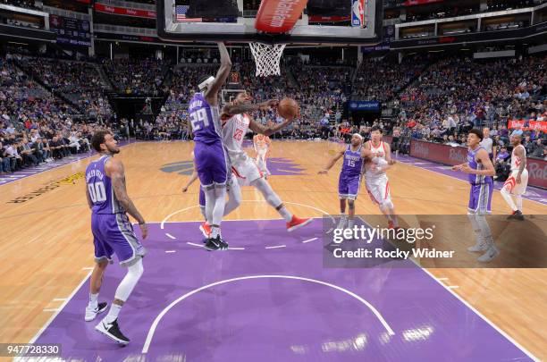 Tarik Black of the Houston Rockets goes up for the shot against JaKarr Sampson of the Sacramento Kings on April 11, 2018 at Golden 1 Center in...