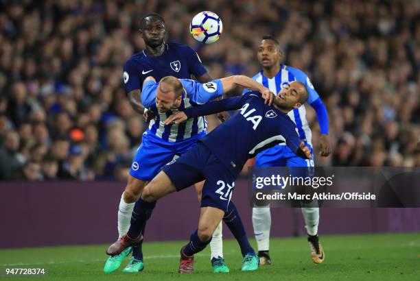 Lucas Moura and Moussa Sissoko of Tottenham Hotspur in action with Glenn Murray and Jose Izquierdo of Brighton and Hove Albion during the Premier...