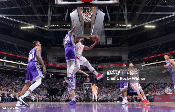 Tarik Black of the Houston Rockets goes up for the shot against the Sacramento Kings on April 11, 2018 at Golden 1 Center in Sacramento, California....