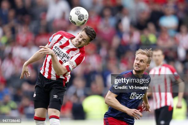 Marco van Ginkel of PSV, Siem de Jong of Ajax during the Dutch Eredivisie match between PSV Eindhoven and Ajax Amsterdam at the Phillips stadium on...