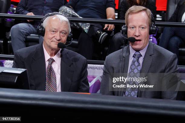 Sacramento Kings TV analyst Jerry Reynolds and announcer Grant Napear look on during the game against the Houston Rockets on April 11, 2018 at Golden...