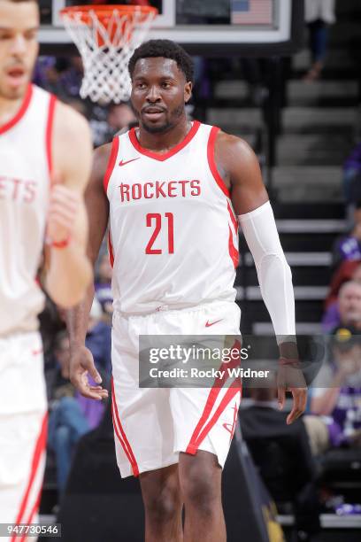 Chinanu Onuaku of the Houston Rockets looks on during the game against the Sacramento Kings on April 11, 2018 at Golden 1 Center in Sacramento,...