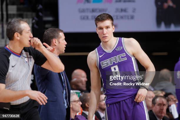 Head coach Dave Joerger of the Sacramento Kings coaches Bogdan Bogdanovic against the Houston Rockets on April 11, 2018 at Golden 1 Center in...
