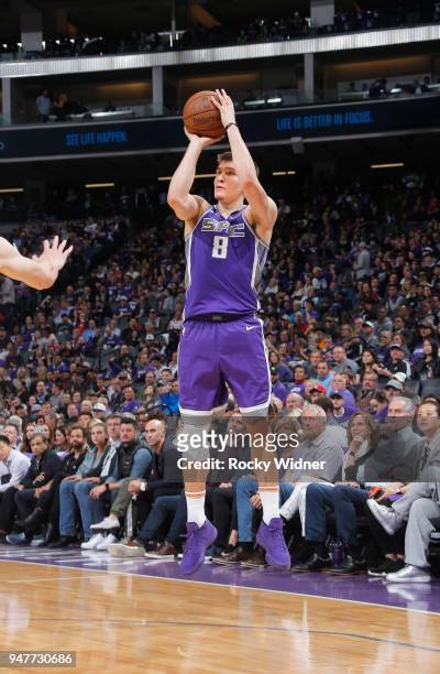 Bogdan Bogdanovic of the Sacramento Kings shoots a three pointer against the Houston Rockets on April 11, 2018 at Golden 1 Center in Sacramento,...