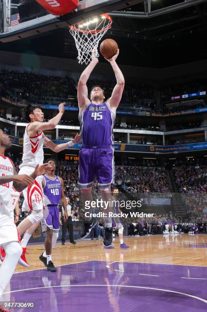 Jack Cooley of the Sacramento Kings goes up for the shot against the Houston Rockets on April 11, 2018 at Golden 1 Center in Sacramento, California....