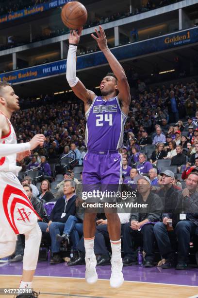 Buddy Hield of the Sacramento Kings shoots a three pointer against the Houston Rockets on April 11, 2018 at Golden 1 Center in Sacramento,...