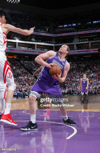 Jack Cooley of the Sacramento Kings handles the ball against the Houston Rockets on April 11, 2018 at Golden 1 Center in Sacramento, California. NOTE...