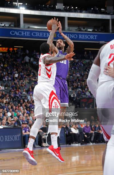 Willie Cauley-Stein of the Sacramento Kings shoots against the Houston Rockets on April 11, 2018 at Golden 1 Center in Sacramento, California. NOTE...