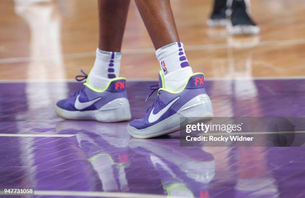 The sneakers belonging to De'Aaron Fox of the Sacramento Kings in a game against the Houston Rockets on April 11, 2018 at Golden 1 Center in...