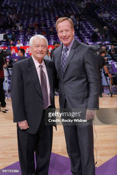 Sacramento Kings TV analyst Jerry Reynolds and announcer Grant Napear pose for a photo prior to the game against the Houston Rockets on April 11,...