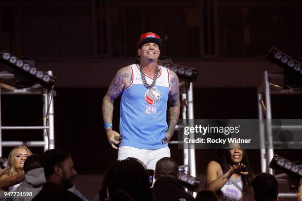 April 11: American rapper Vanilla Ice performs during halftime of the game between the Houston Rockets and Sacramento Kings at Golden 1 Center on...