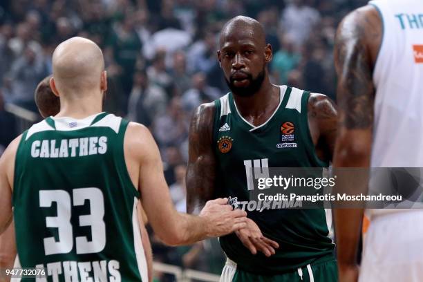 James Gist, #14 of Panathinaikos Superfoods Athens react during the Turkish Airlines Euroleague Play Offs Game 1 between Panathinaikos Superfoods...