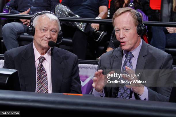 Sacramento Kings TV analyst Jerry Reynolds and announcer Grant Napear look on during the game against the Houston Rockets on April 11, 2018 at Golden...