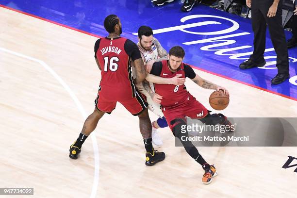Tyler Johnson of the Miami Heat handles the ball against JJ Redick of the Philadelphia 76ers during game two of round one of the 2018 NBA Playoffs on...
