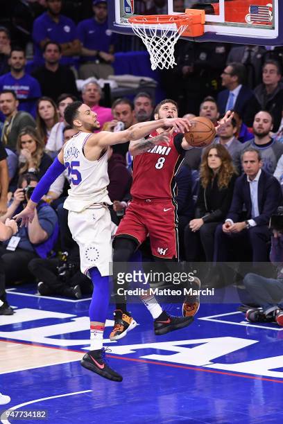 Ben Simmons of the Philadelphia 76ers blocks a shot made by Tyler Johnson of the Miami Heat during game two of round one of the 2018 NBA Playoffs on...