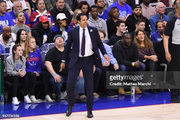Head Coach Erik Spoelstra of the Miami Heat during the game against the Philadelphia 76ers during game two of round one of the 2018 NBA Playoffs on...
