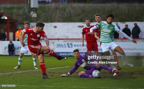 Billy Kee of Accrington Stanley scores his second goal during the Sky Bet League Two match between Accrington Stanley and Yeovil Town at The Crown...