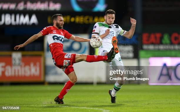 Julien Gorius of OH Leuven in action with Idir Ouali of KV Kortrijk during the Belgian First Divison A Europa League Playoffs tie between KV Kortrijk...