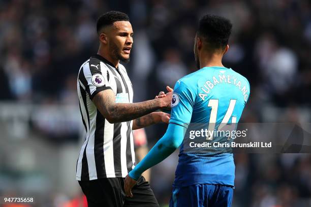 Jamaal Lascelles of Newcastle United shakes hands with Pierre-Emerick Aubameyang of Arsenal following the Premier League match between Newcastle...