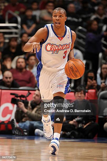 Sebastian Telfair of the Los Angeles Clippers drives the ball up court during the game against the San Antonio Spurs on December 13, 2009 at Staples...