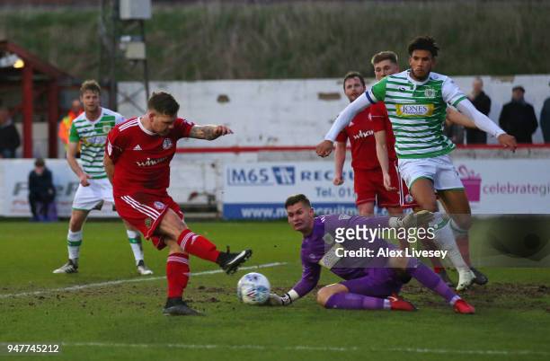 Billy Kee of Accrington Stanley scores his second goal during the Sky Bet League Two match between Accrington Stanley and Yeovil Town at The Crown...