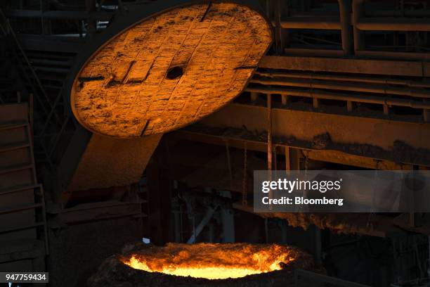 Molton steel fills a large ladle outside an electric arc furnace at the NLMK Indiana facility in Portage, Indiana, U.S., on Friday, April 13, 2018....