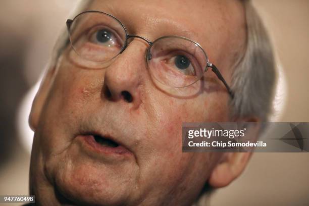 Senate Majority Leader Mitch McConnell talks to reporters following the Senate Republican policy luncheon at the U.S. Capitol April 17, 2018 in...