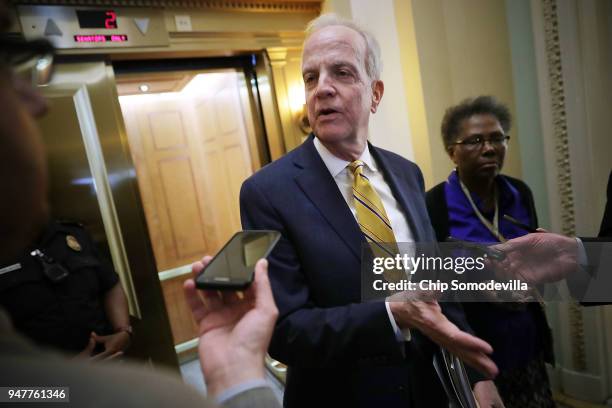 Sen. Jerry Moran talks with reporters before stepping into the weekly Republican policy luncheon at the U.S. Capitol April 17, 2018 in Washington,...