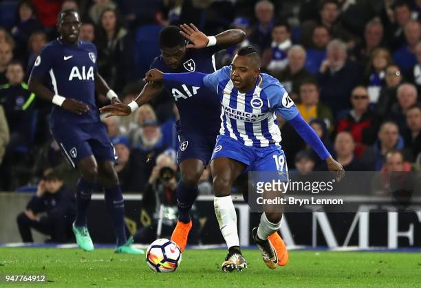 Jose Izquierdo of Brighton and Hove Albion is fouled by Serge Aurier of Tottenham Hotspur which leads to Brighton and Hove Albion being awarded a...