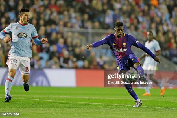 Ousmane Dembele of FC Barcelona scores the first goal to make it 0-1 during the La Liga Santander match between Celta de Vigo v FC Barcelona at the...