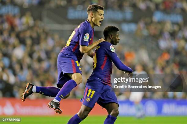 Ousmane Dembele of FC Barcelona celebrates 0-1 with Philippe Coutinho of FC Barcelona during the La Liga Santander match between Celta de Vigo v FC...