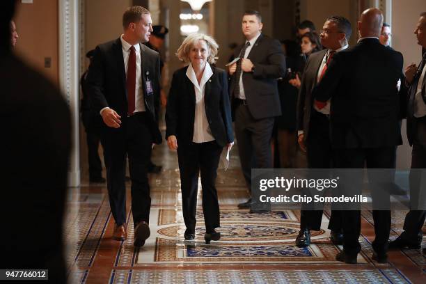 Sen. Cindy Hyde-Smith walks through the halls of the U.S. Capitol April 17, 2018 in Washington, DC. Vice President Mike Pence joined the weekly...