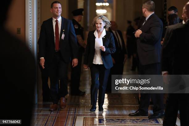 Sen. Cindy Hyde-Smith walks through the halls of the U.S. Capitol April 17, 2018 in Washington, DC. Vice President Mike Pence joined the weekly...