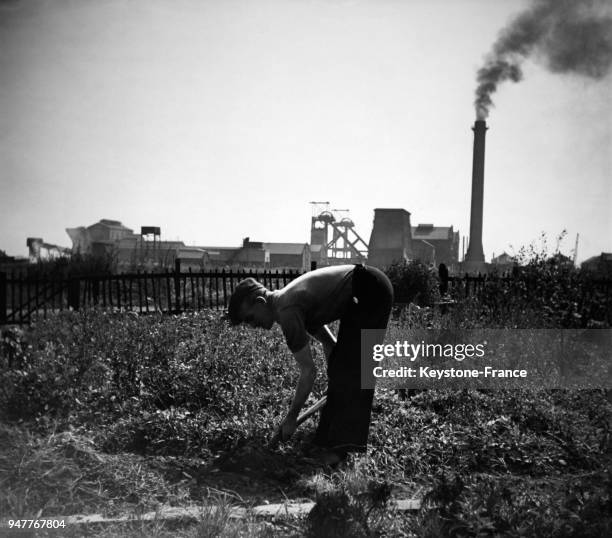 Homme jardinant son potager près de la mine.